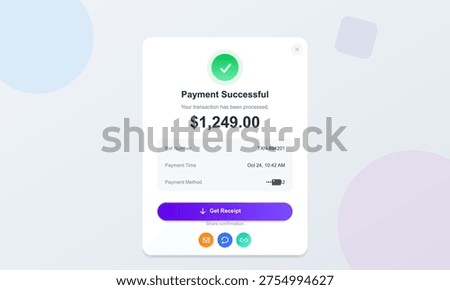 A modern digital payment success notification screen featuring a green checkmark icon, transaction details, and a button to download the receipt on a minimalist pastel background.