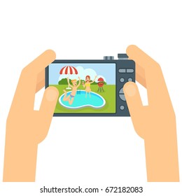 Modern digital photo camera in hands of photographer. Snapshot of company of friends who rest on barbecue picnic near pool. Flat vector cartoon illustration. Objects isolated on a white background.