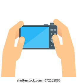 Modern digital photo camera in hands of photographer. Flat vector cartoon illustration. Objects isolated on a white background.