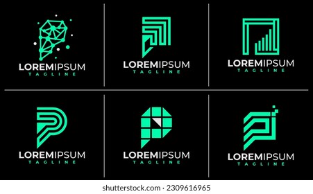 Modern digital pixel letter P logo design set. Simple technology initial P logo.
