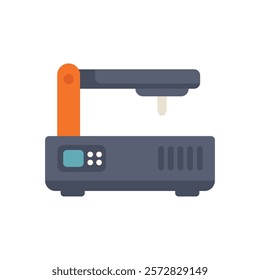 Modern digital projector with a lens and light beam is displaying a presentation