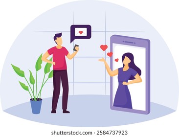 modern digital romance Connected by Heart concept, technology facilitating couple to celebrate lovers day vector design, Love romance banner, Valentine Day Scene, human relationship stock illustration