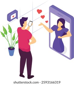 modern digital romance Connected by Heart isometric concept, technology facilitating couple to celebrate lovers day vector design, Love romance banner, Valentine Scene, human relationship illustration