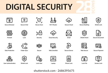 Um moderno conjunto de ícones de segurança digital com escudos, travas, firewalls, navegadores seguros e símbolos de proteção de dados para segurança cibernética e projetos de design técnico.