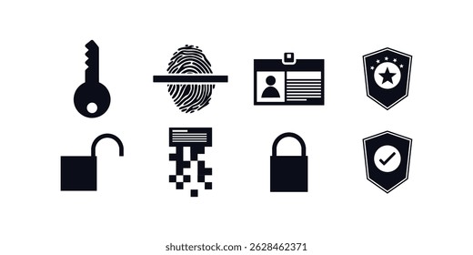 Modern digital security icons vector set featuring shield, lock, firewall, and network protection elements for use in apps, websites, UI design and cybersecurity projects