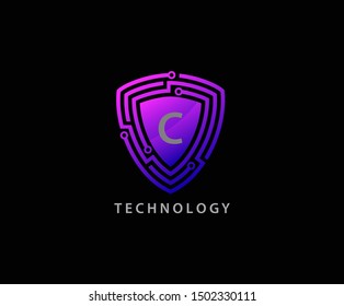 Modern Digital Shield C Letter Logo Icon, Creative Techno Shield Badge.