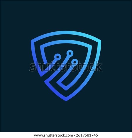 Modern Digital Shield Logo with Abstract Circuit Lines and Blue Gradient