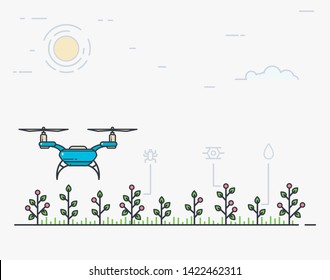 Modern digital smart farm. Quadcopter flying over the field. Drone farmer banner. Flat style line modern vector illustration for agriculture. Vegetables and plants pests.