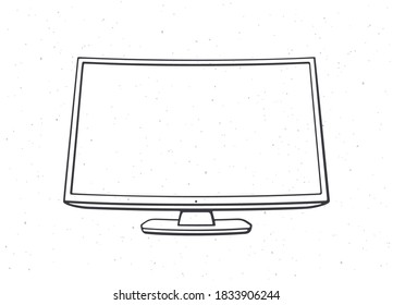 Modern digital smart TV with full ultra HD display. Outline. Vector illustration. Television box with LCD or LED flatscreen for video translation. Hand drawn sketch. Isolated white background