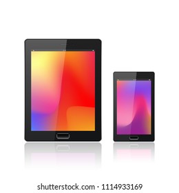 Modern digital tablet PC with mobile smartphone isolated on the white. Abstract fluid 3d shapes vector trendy liquid colors backgrounds. Colored fluid graphic composition