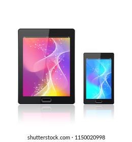 Modern digital tablet PC with mobile smartphone isolated on the white. Abstract fluid 3d shapes vector trendy liquid colors backgrounds. Colored fluid graphic composition