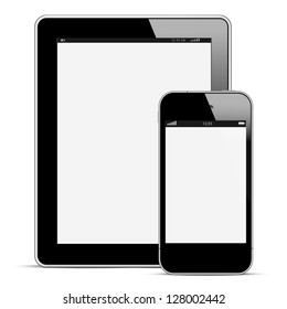 Modern digital tablet PC with mobile smartphone isolated on white. Vector EPS10