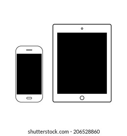 Modern digital tablet PC with mobile smart phone, white color with black empty display, isolated on white. Vector illustration, EPS 8.