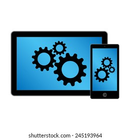 Modern digital tablet PC with mobile smartphone isolated on white.