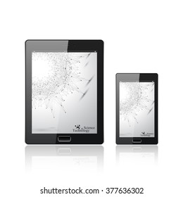 Modern digital tablet PC with mobile smartphone isolated  on the white. Molecule and communication background. Connected dots and lines. Science and tecnology concept. Vector Illustration.