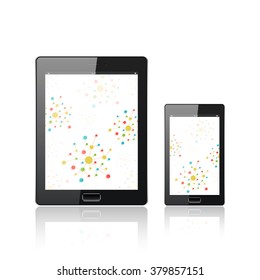 Modern digital tablet PC with mobile smartphone isolated  on the white. Molecule and communication background. Connected dots and lines. Science and tecnology concept. Vector Illustration.