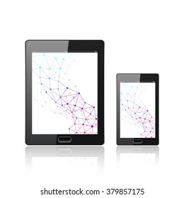 Modern digital tablet PC with mobile smartphone isolated  on the white. Molecule and communication background. Connected dots and lines. Science and tecnology concept. Vector Illustration.