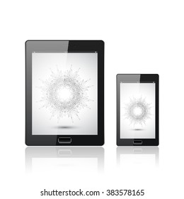 Modern digital tablet PC with mobile smartphone isolated  on the white. Molecule and communication background. Science concept. Vector Illustration.