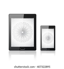 Modern digital tablet PC with mobile smartphone isolated on the white. Mobile application interface. Molecule and communication background. Science and tecnology concept. Vector Illustration.