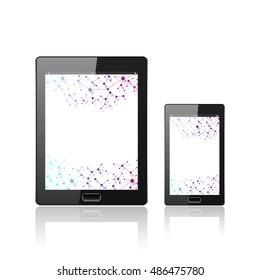 Modern digital tablet PC with mobile smartphone isolated on the white. Molecule and communication background. Science concept. Vector Illustration