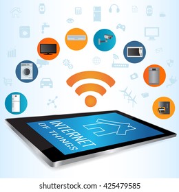 Modern digital Tablet PC with Smart House Apps. Internet of things concept .Controlling your home appliances with tablet Apps .Smart House technology system with centralized control.Internet of things