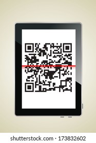 Modern digital tablet showing quick response code pattern scanner on the screen.