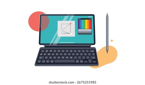Modern digital tablet with stylus and keyboard showing creative software interface for graphic design and illustration