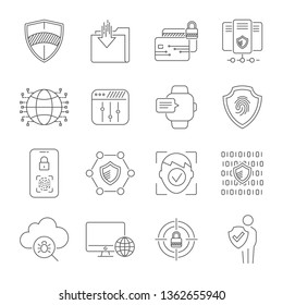 Modern digital technologies: face recognition, fingerprint scanner, data protection, personal security, digital communication systems, social networks. Protection concept. Editable Stroke. EPS 10