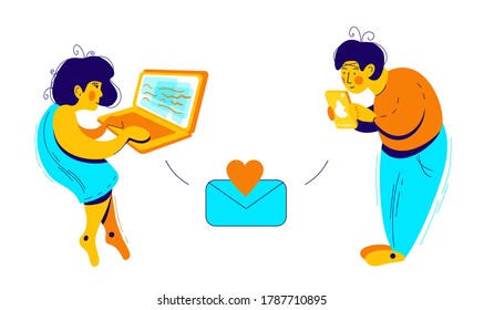 Modern digital technologies. Girl with laptop and guy with smartphone use them for communication. Reading news, texting message, playing games, social network, internet surfing. Сartoon characters.