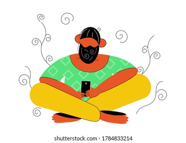 Modern digital technologies. Man sitting cross legged holding smartphone, uses it for reading news, texting message, playing games, social network, internet surfing. Flat cartoon character.