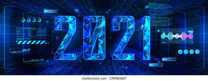 Banner moderno de tecnología digital para 2021. Feliz Año Nuevo con estilo futurista. Números poligonales 3D 2021 con perspectiva, glov, efectos neones y elementos HUD. El futuro del Año Nuevo. Banner web de vectores