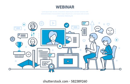 Modern digital technology and communications, online learning, trainings, webinars, data and information sharing. Illustration thin line design of vector doodles, infographics elements.