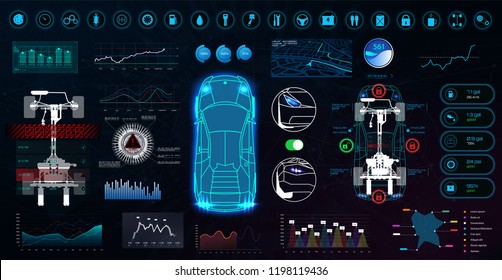 Modern digital technology elements, with abstract glowing HUD interface. Diagnosis and examination of cars with the identification of problems and a complete analysis of the state of the machine