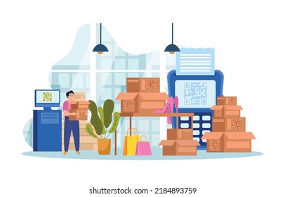 Modern digital technology flat background with man scanning qr code from boxes using pos terminal to accept payments by qr code vector illustration