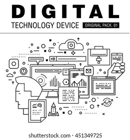 Modernes Paket digitaler Technologie. Dünne Linien-Symbole setzen Internettechnologie. Geräte setzen die Sammlung mit Elementen aus der globalen Industrie ein. Hochwertiges Vektorsymbol. Piktogramm für Webdesign nachziehen.