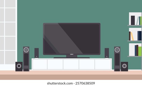 Modern Digital Television in the Living Room at Home with Speaker and Bookshelf