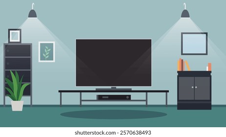 Modern Digital Television on Table in the Living Room at Home with Spotlight