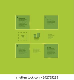 Modern digital template with four primary steps and much space for additional information. Clean design and modern colors.