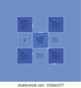 Modern digital template with four primary steps and place for adition content. Clean design and modern colors. 