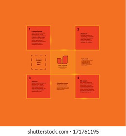 Modern digital template with four primary steps and much space for additional informations. Clean design and modern colors. 