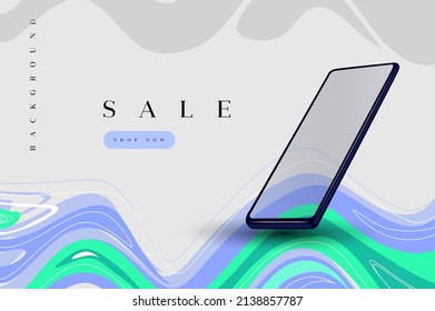 Modern digital template with smartphone and green and violet colors lines on the light gray background