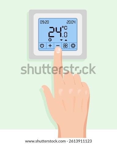 Modern digital touchscreen thermostat. The person's hand presses the temperature and climate control button. Information on the electronic display. Smart home device on a wall. Cost saving. Vector 