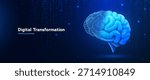Modern Digital Transformation Technology And Artificial Intelligence Brain With Digital Grid Symbolizing Data, Innovation On A Futuristic Blue Background. Vector Illustration.
