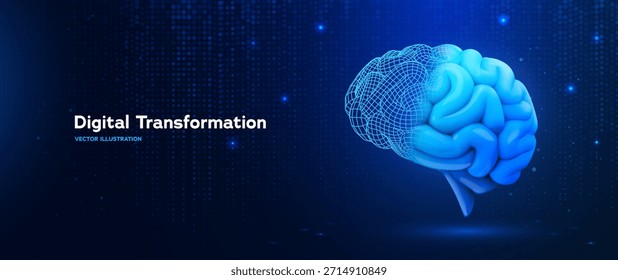 Tecnologia De Transformação Digital Moderna E Inteligência Artificial Cérebro Com Digital Grid Simbolizando Dados, Inovação Em Um Fundo Azul Futurista. Ilustração de vetor.