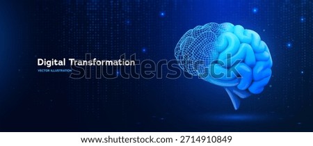 Modern Digital Transformation Technology And Artificial Intelligence Brain With Digital Grid Symbolizing Data, Innovation On A Futuristic Blue Background. Vector Illustration.