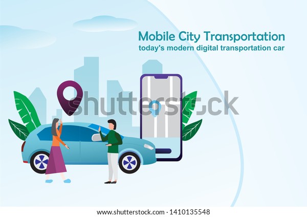 modern digital\
transportation car, Online car sharing \n with cartoon character\
and smartphone, \ncan use for, landing page, template, ui, web,\
mobile app, poster, banner,\
flyer