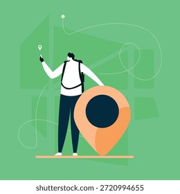 Modern Digital Traveler Using GPS Navigation to Explore Cities with Smart Mapping. Stock Illustration