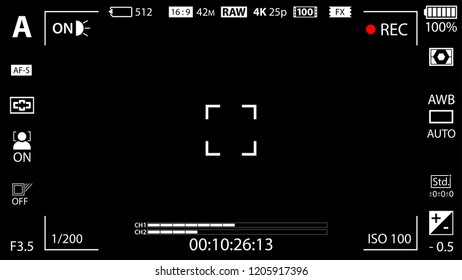 Modern digital video camera focusing screen with settings template. Black viewfinder mirrorless, DSLR or cameraphone camera recording. Vector illustration