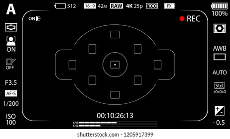 Modern digital video camera focusing screen with settings template. Black viewfinder mirrorless, DSLR or cameraphone camera recording. Vector illustration