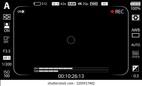 Modern digital video camera focusing screen with settings template. Black viewfinder mirrorless, DSLR or cameraphone camera recording. Vector illustration